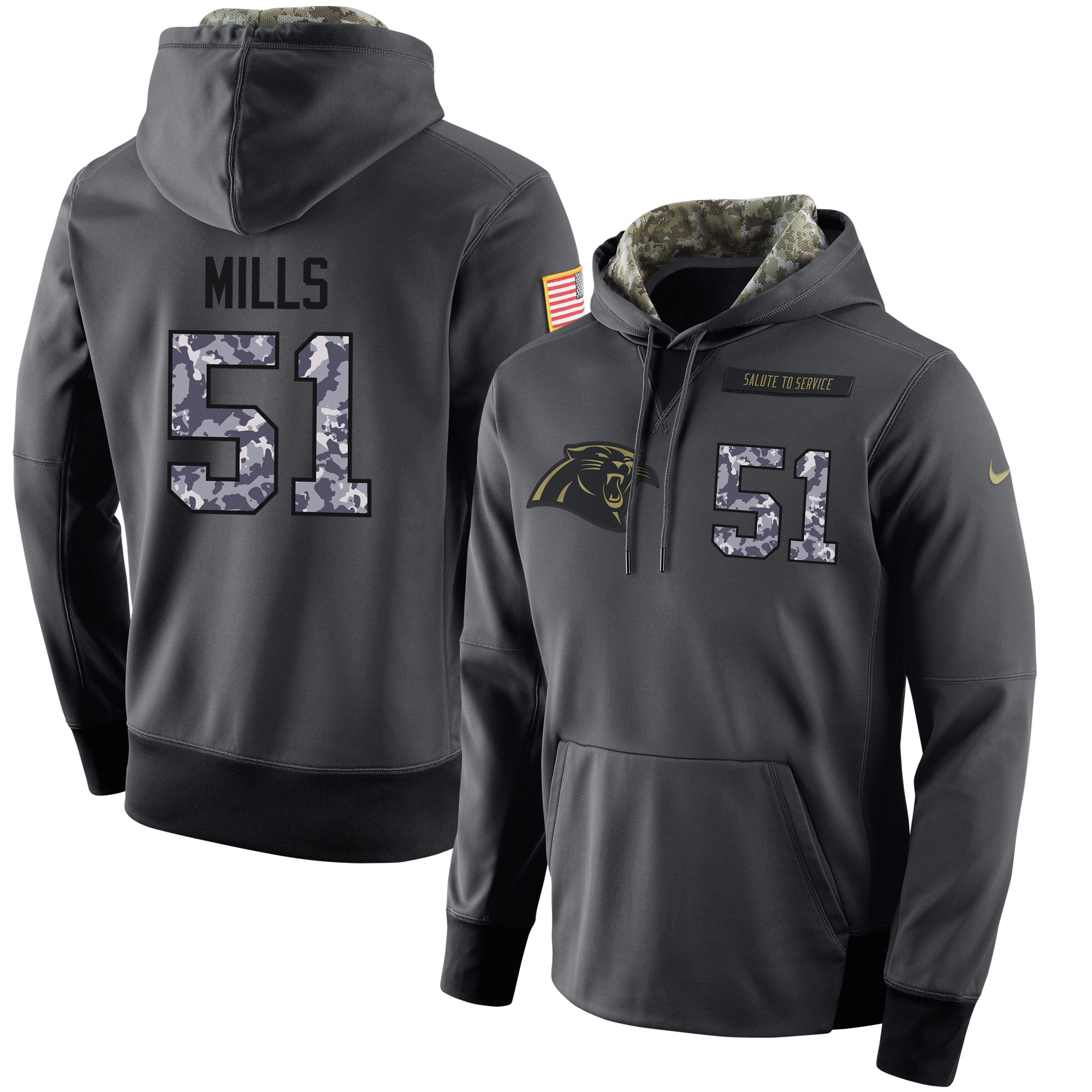 NFL Men's Nike Carolina Panthers #51 Sam Mills Stitched Black Anthracite Salute to Service Player Performance Hoodie